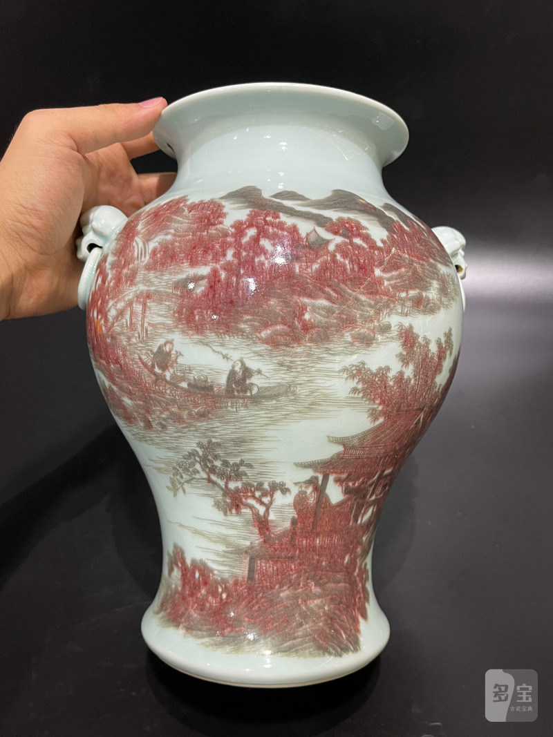清中期 釉里红山水人物图铺首尊 - 图3